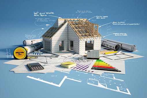 3D rendering of a house under construction with blueprints, energy efficiency charts, mortgage application form and scribbled technical details